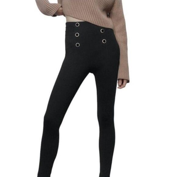 New NWT Zara‎ Leggings Hi-Rise Black Button Detail Front Large - Picture 1 of 12
